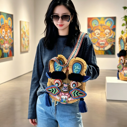 Chinese folk art intangible cultural heritage tiger head crossbody bag